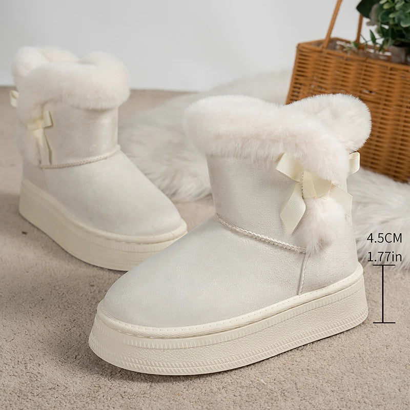 Bowtie Faux Suede Ankle Boots Women Warm Fur Thicken Plush Cotton Padded Snow Boots Thick Sole Chunky Platform Casual Shoes