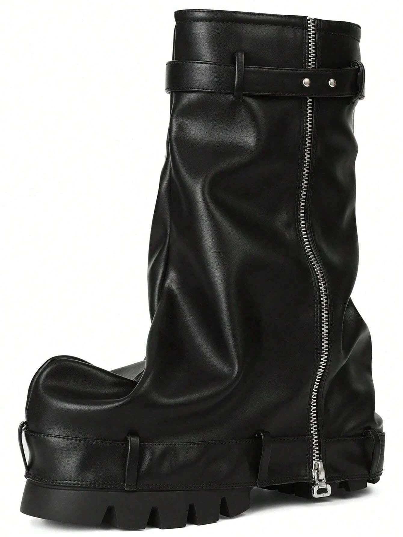 DoraTasia Fashion Women Fold Over Boots Chunky High Heels Mid Calf Platform Punk Gothic Fashion Metallic Motorcycle Shoes Woman