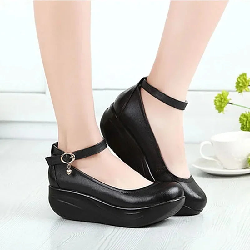 Loveontop Women Work Shoes Platform Spring Autumn Swing Office ElegantBlack Ankle Wedges Comfortable Thick Sole Height Increase