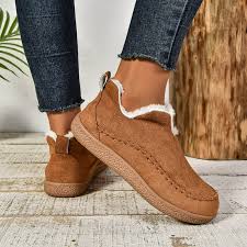 Fashion V-cut Plush Ankle Boots Winter Plus Velvet Flat Snow Boot Casual Warm Solid Suede Cotton Shoes For Women