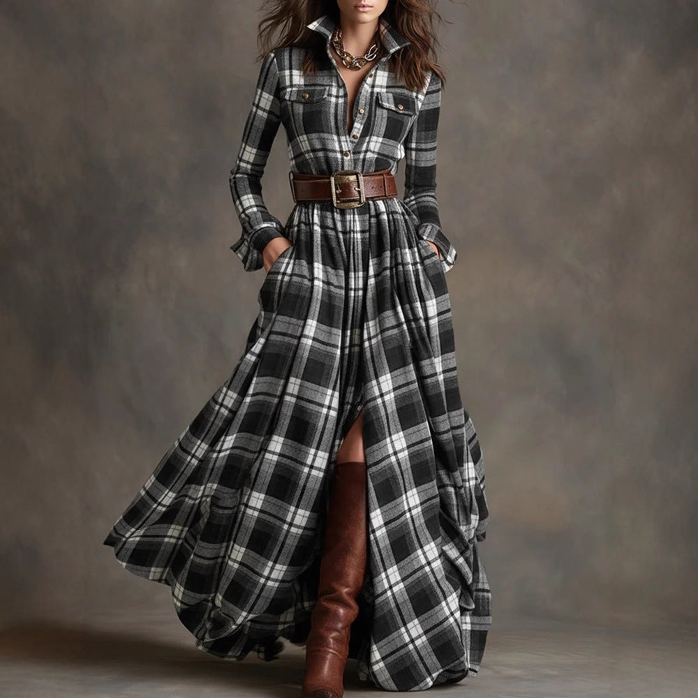 Ins Plaid Print Long-Sleeved Dress Fashion Pockets Collared Buttons Shirt Long Dresses Retro Women's Clothing