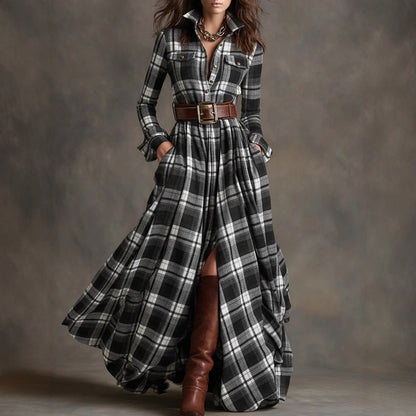 Ins Plaid Print Long-Sleeved Dress Fashion Pockets Collared Buttons Shirt Long Dresses Retro Women's Clothing