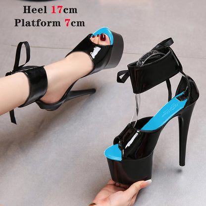 Summer Sexy Modern Women Sandals Ankle Strap Thin Heels Pole Dancing Shoes Platform Nightclub 17CM Super High Heel Party Shoes