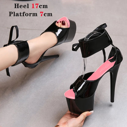 Summer Sexy Modern Women Sandals Ankle Strap Thin Heels Pole Dancing Shoes Platform Nightclub 17CM Super High Heel Party Shoes