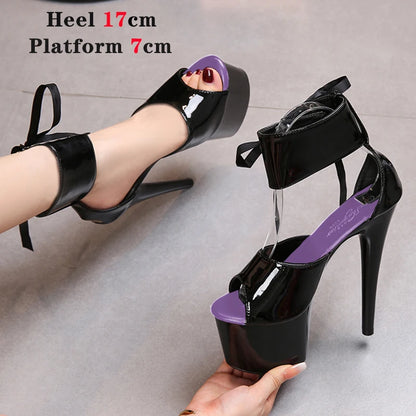 Summer Sexy Modern Women Sandals Ankle Strap Thin Heels Pole Dancing Shoes Platform Nightclub 17CM Super High Heel Party Shoes