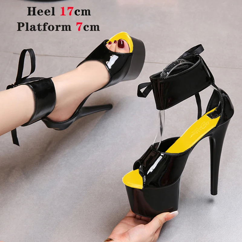 Summer Sexy Modern Women Sandals Ankle Strap Thin Heels Pole Dancing Shoes Platform Nightclub 17CM Super High Heel Party Shoes