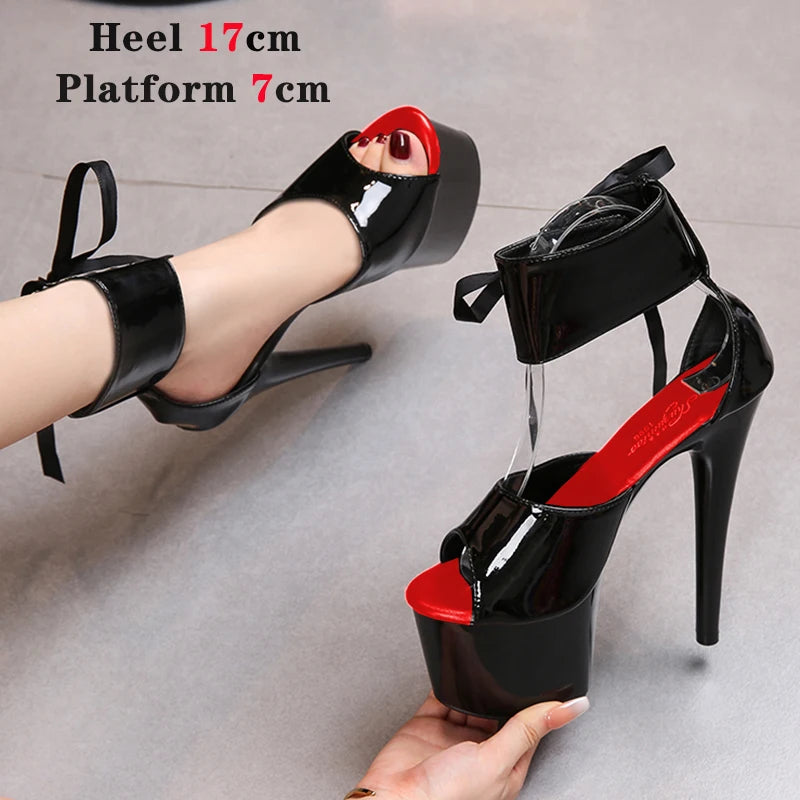 Summer Sexy Modern Women Sandals Ankle Strap Thin Heels Pole Dancing Shoes Platform Nightclub 17CM Super High Heel Party Shoes