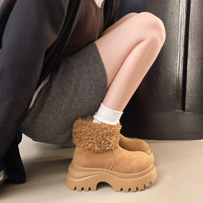 Women's Winter Snow Boots Thickened Heel Warm Fleece Lined Big Head Short Boots Fashionable Cute Rubber Bottom Casual Shoes