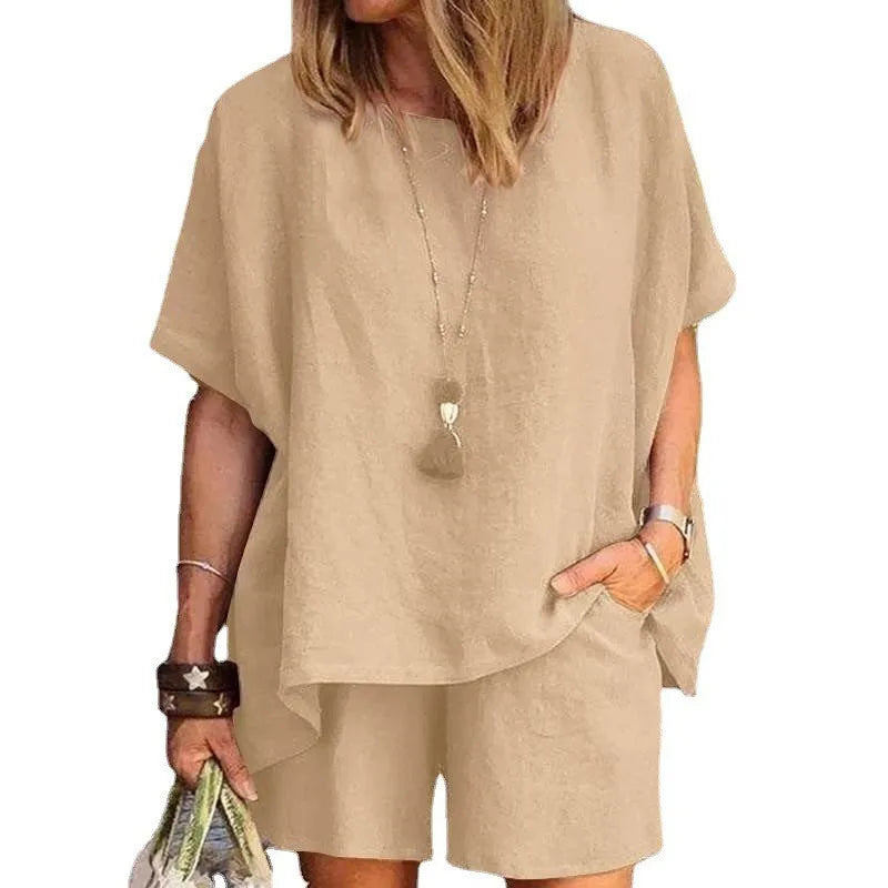 Summer New Cotton Linen Suit Plus Size Casual Sportswear Temperament Fashion Loose Short-sleeved Top Shorts Two-piece Set