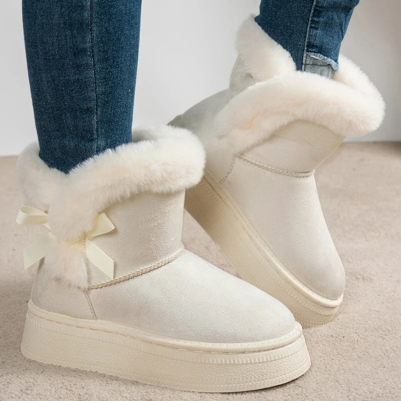 Bowtie Faux Suede Ankle Boots Women Warm Fur Thicken Plush Cotton Padded Snow Boots Thick Sole Chunky Platform Casual Shoes
