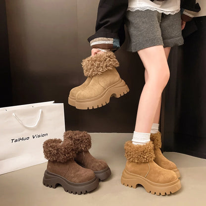 Women's Winter Snow Boots Thickened Heel Warm Fleece Lined Big Head Short Boots Fashionable Cute Rubber Bottom Casual Shoes