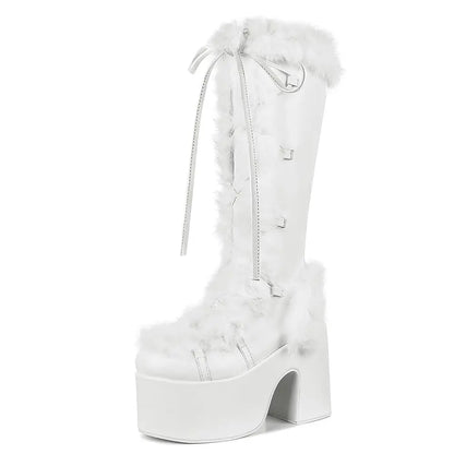 GIGIFOX Fur Super Chunky High Heel Platform Mid-Calf Boots For Women Faux Suede Round Toe Side Zipper Lace-Up Warm Casaul Boots