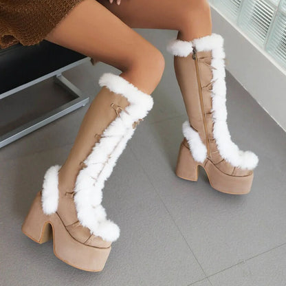 GIGIFOX Fur Super Chunky High Heel Platform Mid-Calf Boots For Women Faux Suede Round Toe Side Zipper Lace-Up Warm Casaul Boots