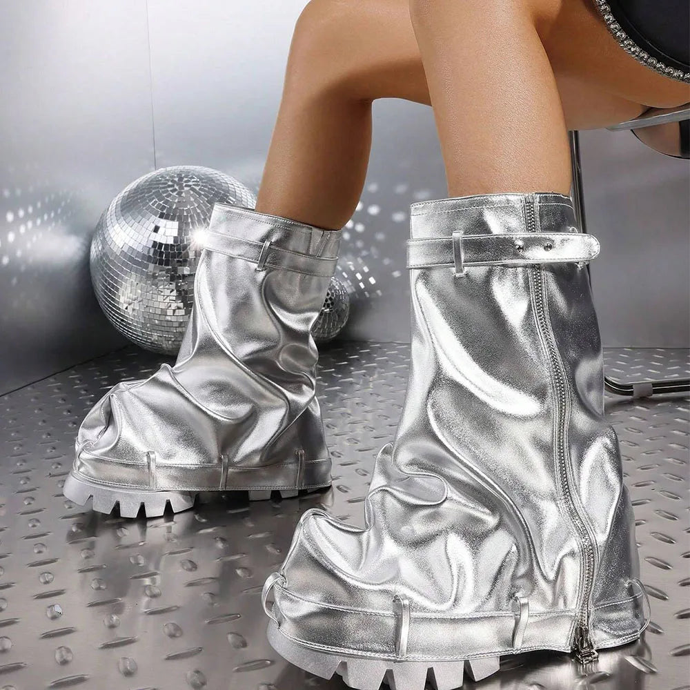 DoraTasia Fashion Women Fold Over Boots Chunky High Heels Mid Calf Platform Punk Gothic Fashion Metallic Motorcycle Shoes Woman