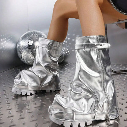 DoraTasia Fashion Women Fold Over Boots Chunky High Heels Mid Calf Platform Punk Gothic Fashion Metallic Motorcycle Shoes Woman