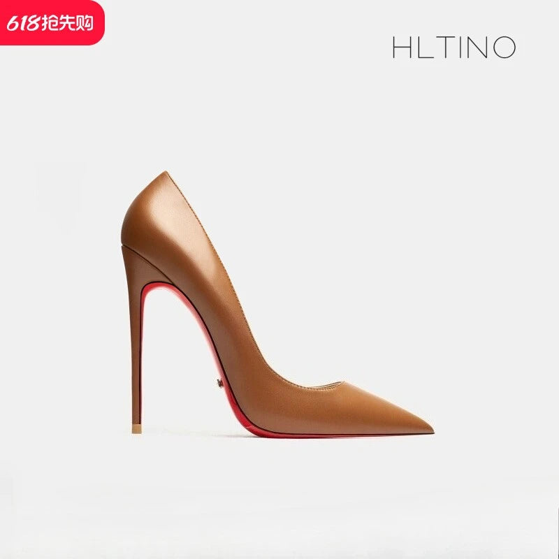 Spring New 12cm Sheep Pattern Brown Etiquette High Heels Women's Thin Heels Pointed Sexy Versatile Single Shoes Women
