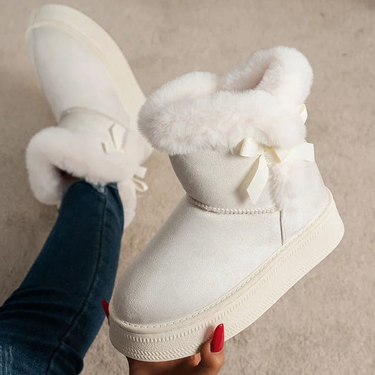 Bowtie Faux Suede Ankle Boots Women Warm Fur Thicken Plush Cotton Padded Snow Boots Thick Sole Chunky Platform Casual Shoes