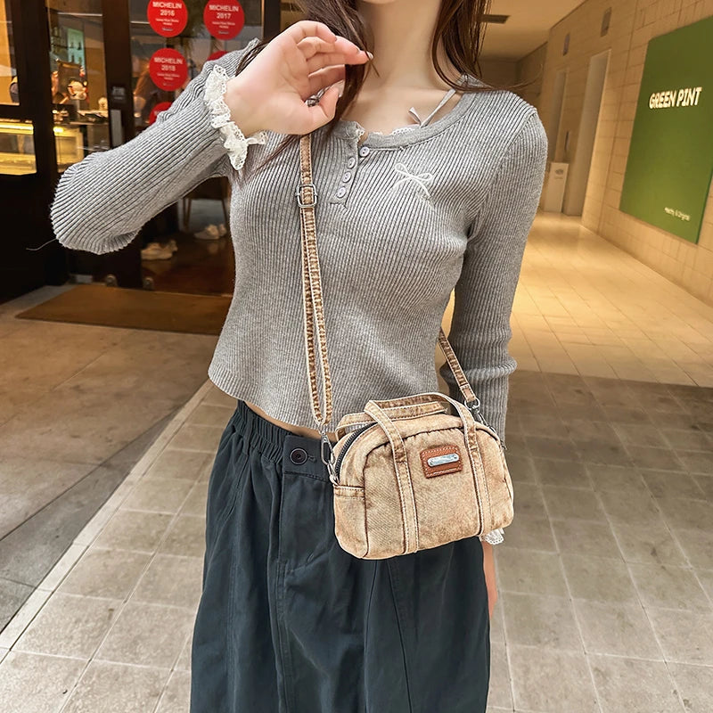 Retro Mini Handbags for Women Denim Fabric Small Shoulder Cross Body Camera Bag Lightweight Casual Street Commute Messenger Bag