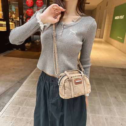 Retro Mini Handbags for Women Denim Fabric Small Shoulder Cross Body Camera Bag Lightweight Casual Street Commute Messenger Bag
