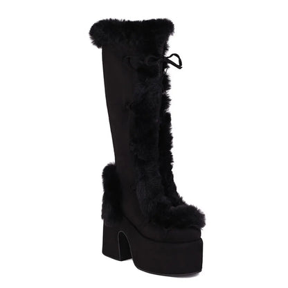 GIGIFOX Fur Super Chunky High Heel Platform Mid-Calf Boots For Women Faux Suede Round Toe Side Zipper Lace-Up Warm Casaul Boots