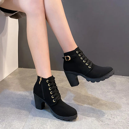 Women's Winter Warm Ankle Boots: Thick Sole & High Heel - Black PU Leather, Side Zipper with Lace-Up Detail, Plain Toe | Chic Ev