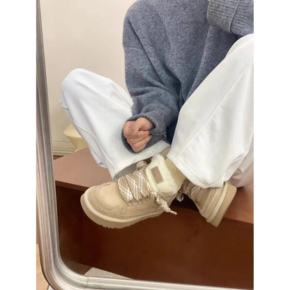 Sheepskin Wool Boots Women's Casual Lace-Up Low-Cut Snow Boots Leather Patchwork round Toe Modern Dance Rubber Outsole Boots