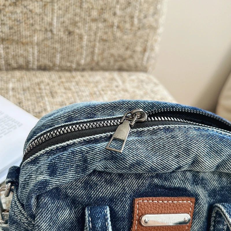 Retro Mini Handbags for Women Denim Fabric Small Shoulder Cross Body Camera Bag Lightweight Casual Street Commute Messenger Bag