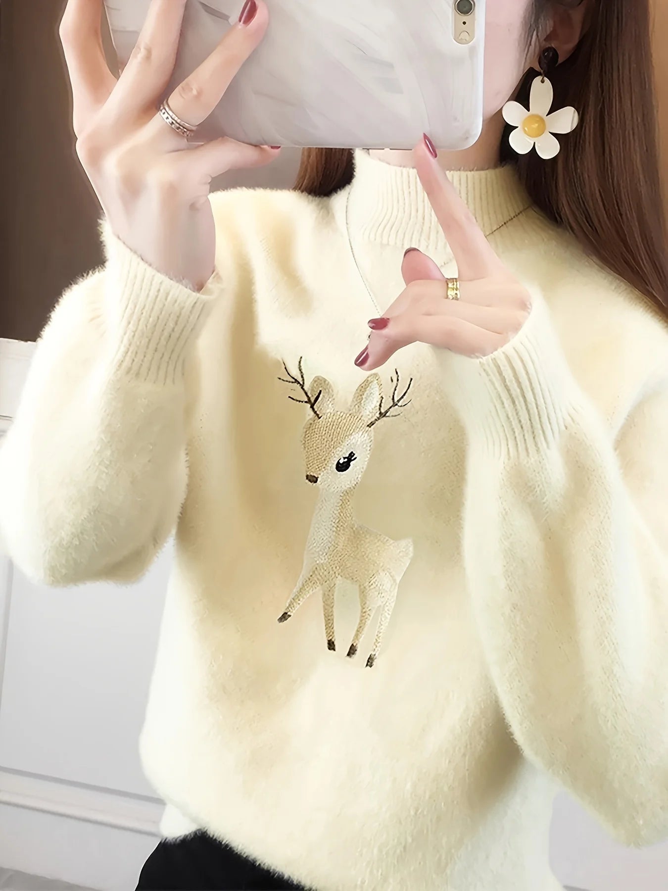Deer pattern mock turtleneck sweater, cute autumn and winter long sleeve sweater, women's clothing