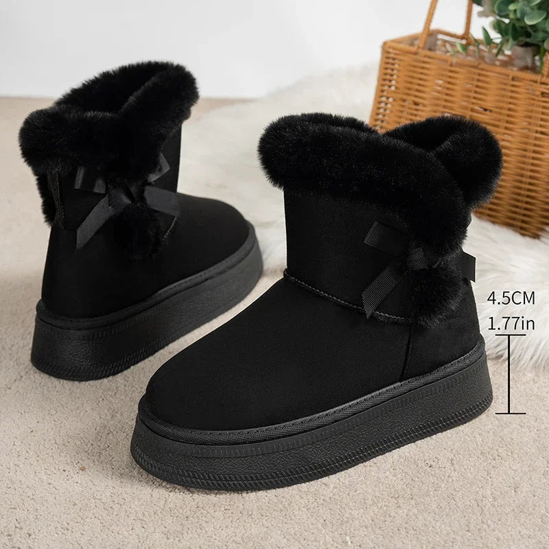 Bowtie Faux Suede Ankle Boots Women Warm Fur Thicken Plush Cotton Padded Snow Boots Thick Sole Chunky Platform Casual Shoes