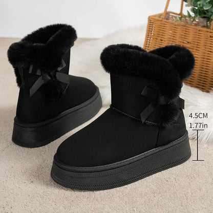 Bowtie Faux Suede Ankle Boots Women Warm Fur Thicken Plush Cotton Padded Snow Boots Thick Sole Chunky Platform Casual Shoes