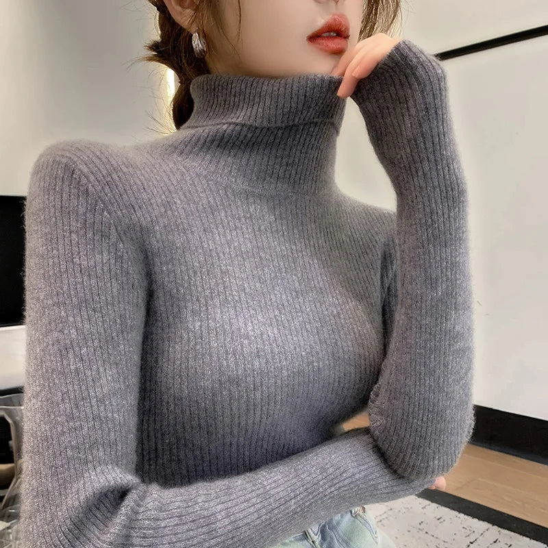 100% cashmere sweater women's knitted pullover sweater high neck solid color slim fit soft cashmere basic women's sweater