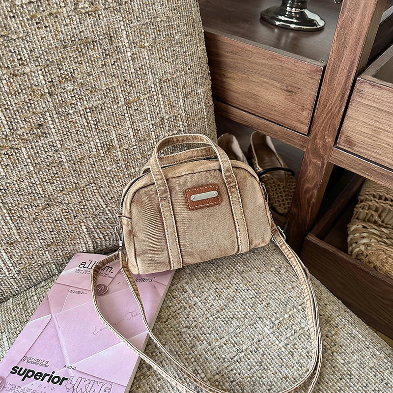Retro Mini Handbags for Women Denim Fabric Small Shoulder Cross Body Camera Bag Lightweight Casual Street Commute Messenger Bag