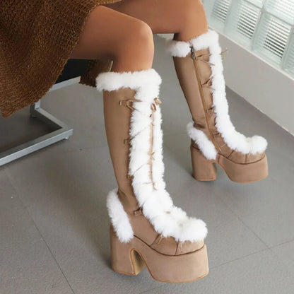 GIGIFOX Fur Super Chunky High Heel Platform Mid-Calf Boots For Women Faux Suede Round Toe Side Zipper Lace-Up Warm Casaul Boots
