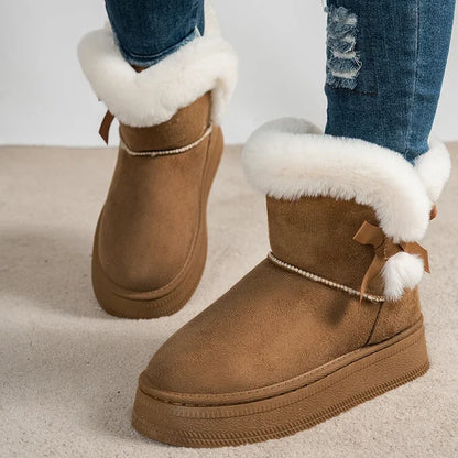 Bowtie Faux Suede Ankle Boots Women Warm Fur Thicken Plush Cotton Padded Snow Boots Thick Sole Chunky Platform Casual Shoes