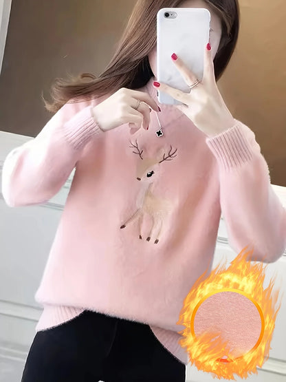 Deer pattern mock turtleneck sweater, cute autumn and winter long sleeve sweater, women's clothing