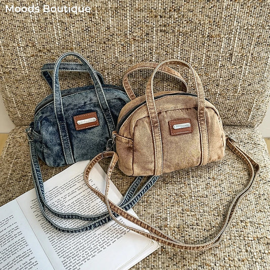 Retro Mini Handbags for Women Denim Fabric Small Shoulder Cross Body Camera Bag Lightweight Casual Street Commute Messenger Bag