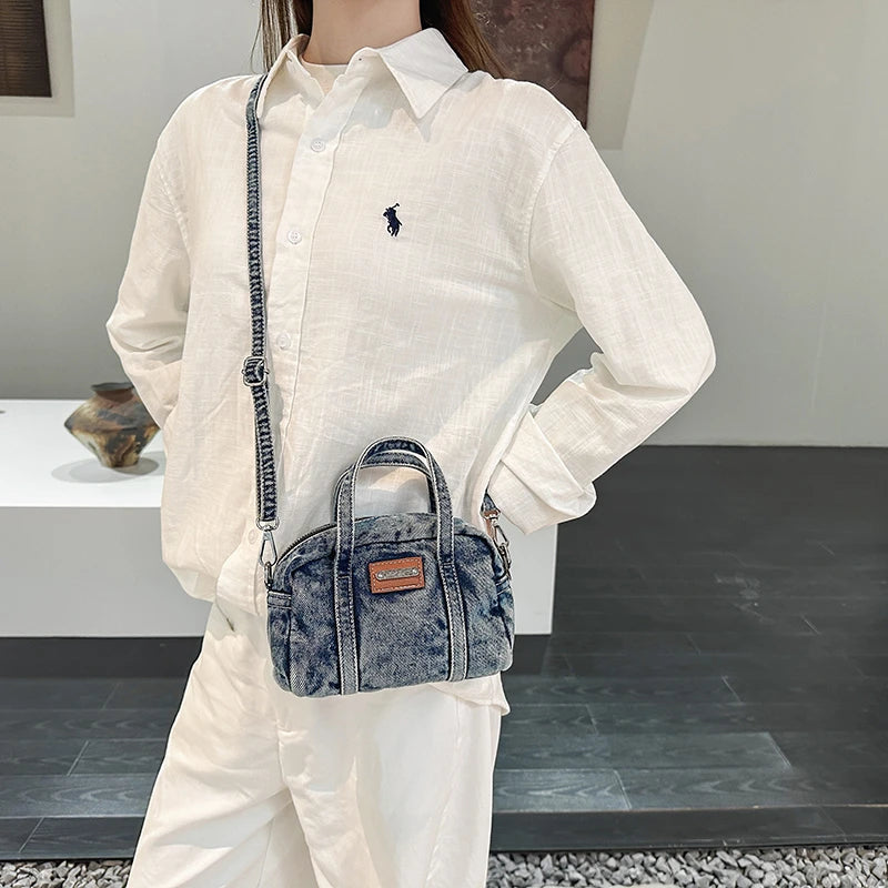 Retro Mini Handbags for Women Denim Fabric Small Shoulder Cross Body Camera Bag Lightweight Casual Street Commute Messenger Bag