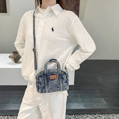 Retro Mini Handbags for Women Denim Fabric Small Shoulder Cross Body Camera Bag Lightweight Casual Street Commute Messenger Bag