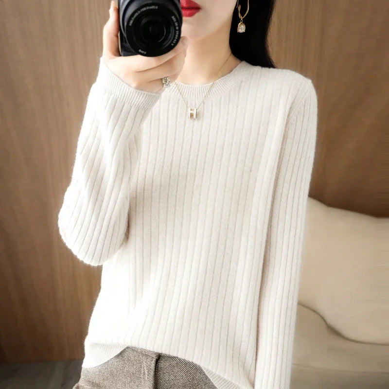 2025 Women Sweaters Autumn Winter Long Sleeve Pullovers O-neck Stripe Warm Pullover Korean Fashion Bottoming Shirts Loose Jumper