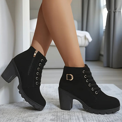 Women's Winter Warm Ankle Boots: Thick Sole & High Heel - Black PU Leather, Side Zipper with Lace-Up Detail, Plain Toe | Chic Ev
