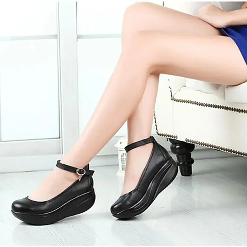 Loveontop Women Work Shoes Platform Spring Autumn Swing Office ElegantBlack Ankle Wedges Comfortable Thick Sole Height Increase
