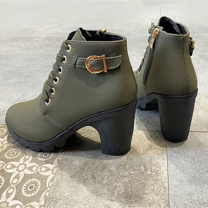 Women's Winter Warm Ankle Boots: Thick Sole & High Heel - Black PU Leather, Side Zipper with Lace-Up Detail, Plain Toe | Chic Ev