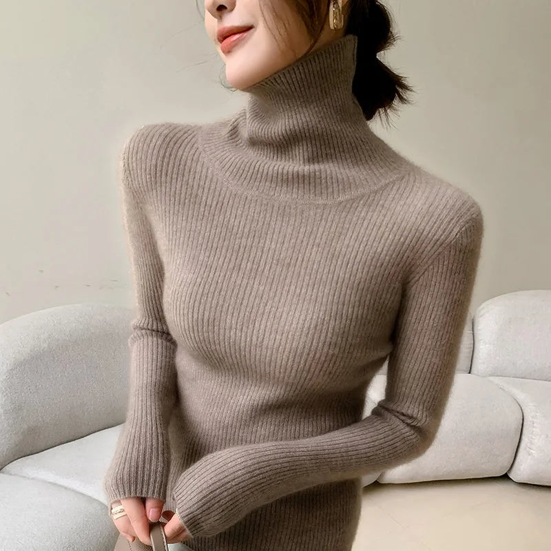 100% cashmere sweater women's knitted pullover sweater high neck solid color slim fit soft cashmere basic women's sweater