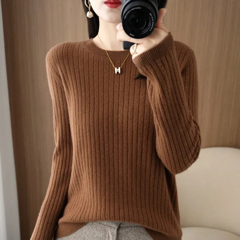 2025 Women Sweaters Autumn Winter Long Sleeve Pullovers O-neck Stripe Warm Pullover Korean Fashion Bottoming Shirts Loose Jumper