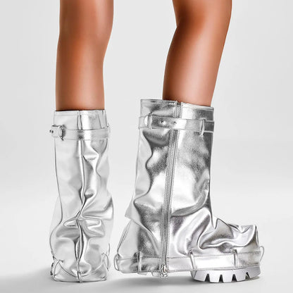 DoraTasia Fashion Women Fold Over Boots Chunky High Heels Mid Calf Platform Punk Gothic Fashion Metallic Motorcycle Shoes Woman