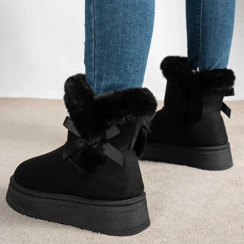 Bowtie Faux Suede Ankle Boots Women Warm Fur Thicken Plush Cotton Padded Snow Boots Thick Sole Chunky Platform Casual Shoes