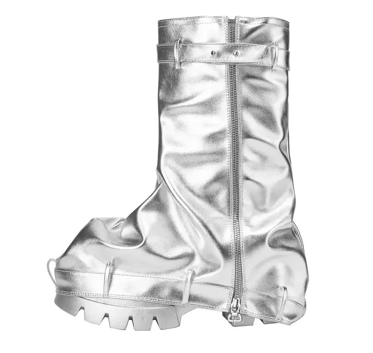DoraTasia Fashion Women Fold Over Boots Chunky High Heels Mid Calf Platform Punk Gothic Fashion Metallic Motorcycle Shoes Woman
