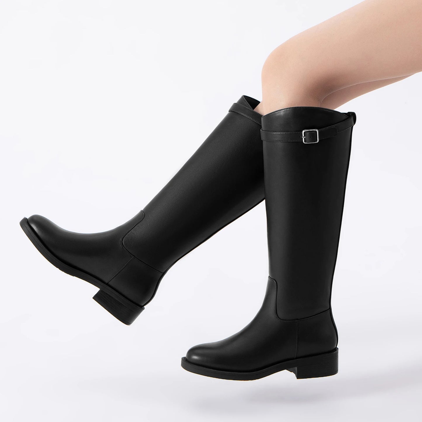 Athlefit Women's Knee High Riding Boots Round Toe Low Heel Tall Boots Pull On Long Booties with Buckle