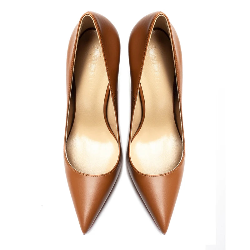 Spring New 12cm Sheep Pattern Brown Etiquette High Heels Women's Thin Heels Pointed Sexy Versatile Single Shoes Women