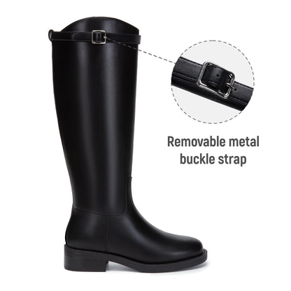 Athlefit Women's Knee High Riding Boots Round Toe Low Heel Tall Boots Pull On Long Booties with Buckle